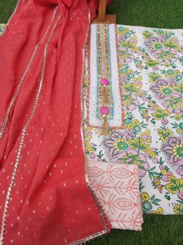 Flower Printed Cotton Gota Detailing Suit With Chiffon Dupatta