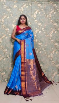 Sky Blue Pure Handloom Muga Silk Saree From Bengal