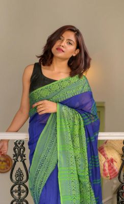 Blue Pure Handloom Cotton Saree From Bengal