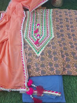 Grey Pink Cotton Gota Detailing Suit With Chiffon Dupatta