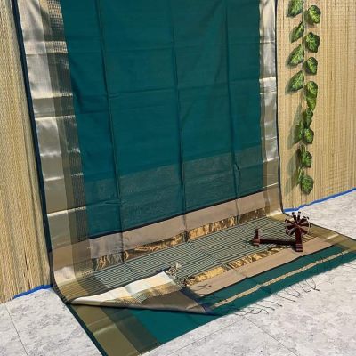 Bottle Green Pure Handloom Silk Saree From Bengal