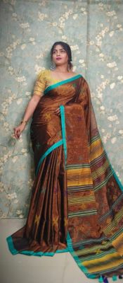 Brown Pure Handloom Tissue Silk Saree From Bengal