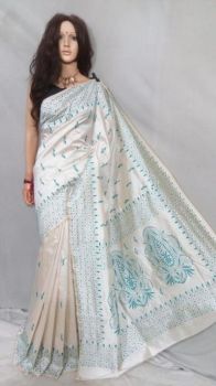 White Malay Silk Saree with blue Embroidery work