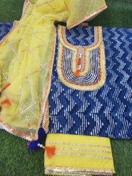 Blue Printed Cotton Gota Detailing Suit With Chiffon Dupatta