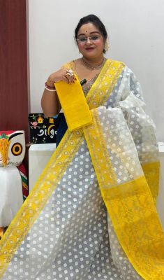 White Yellow Pure Handloom Dhakai Jamdani Saree From Bengal