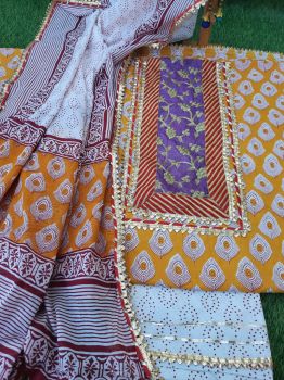 Mustard Yellow Cotton Gota Detailing Suit With Chiffon Dupatta