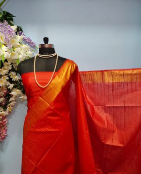 Red Orange Pure Handloom Kota Viscose Silk Saree From Bhagalpur