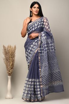 Blue Charcoal Kota Doriya Printed Leaf Design Saree