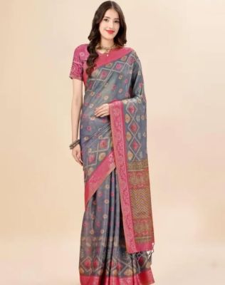 Gray Pure Handloom Silk Cotton Saree From Banaras