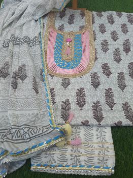Grey Printed Cotton Gota Detailing Suit With Chiffon Dupatta