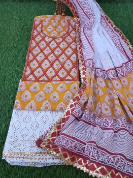 Leaf Design Printed Cotton Gota Detailing Suit With Chiffon Dupatta