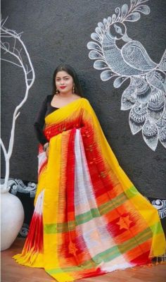 Multi Colour Pure Handloom Ikkat Saree From Bengal