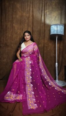 Grape Purple Pure Handloom Resham Dhakai Jamdani Saree From Bengal