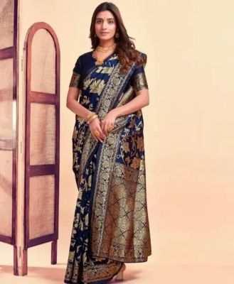 Navy Blue Pure Handloom Banarasi Silk Saree From Banaras