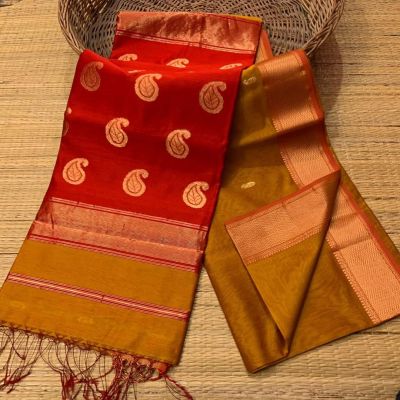Red Golden Pure Handloom Meheshwari Silk Cotton Saree From Bengal