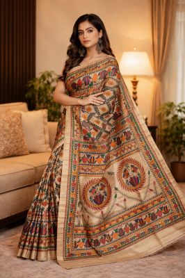 Organic Tussar Silk Madhubani Handpainted Saree Authentic Bhagalpuri Handloom Saree