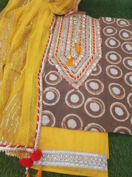 Brown Cotton Gota Detailing Suit With Chiffon Dupatta