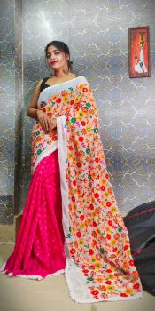 Pink And White Pure Handloom Flower Design Saree