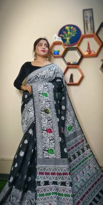 Charcoal Black Pure Handloom Dhakai Jamdan Saree From Bengal