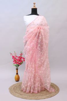 Light Pink Leaf Thread Work Organza Saree