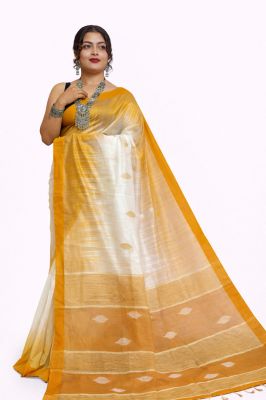 Light Yellow White Ikkat Silk Cotton Pure Handloom Saree From Bengal