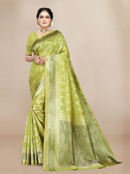 Lime Green & Gold-Toned Woven Design Zari Organza Saree