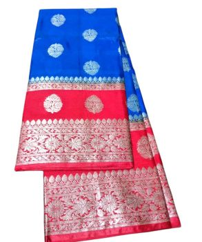 Blue And Red Silk Saree From Uttar Pradesh
