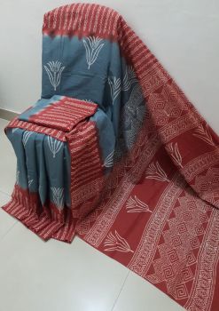 Grey Maroon Hand Block Printed Work Saree