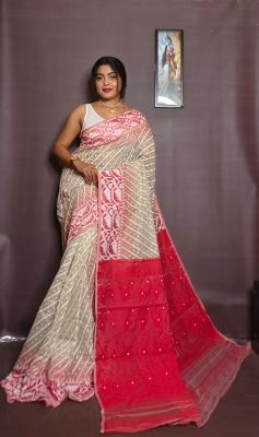 Beige Pure Handloom Ikkat Jamdani Saree From Bengal