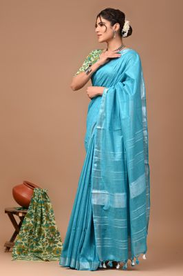 Sky Blue Pure Handloom Linen Cotton Saree From Bengal