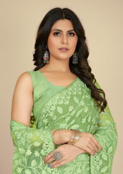 Pista Green Flower Design Embroidery Work Net Saree
