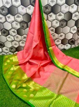 Coral Pink Banarasi Silk With Contrast Border Saree From Banaras