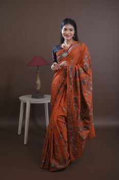 Burnt Red Pure Handloom Silk Katha Stitch Saree From Bengal