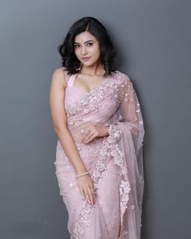 Baby Pink Embroidery Work Organza Silk Saree