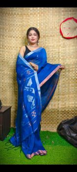 Royal Blue Pure Handloom Linen By Linen Saree From Bengal