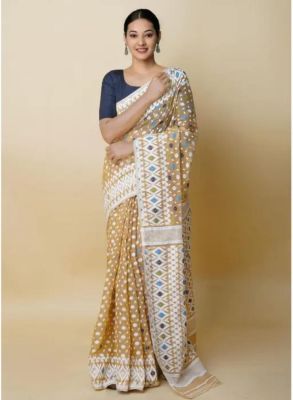 Brown Pure Handloom Dhakai Jamdani Saree From Bengal