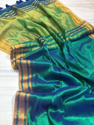 Green Tissue Cotton Pure Handloom Saree From Bengal