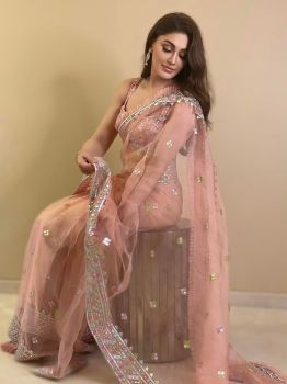 Pink Sequins And Zari Work Organza Silk Saree