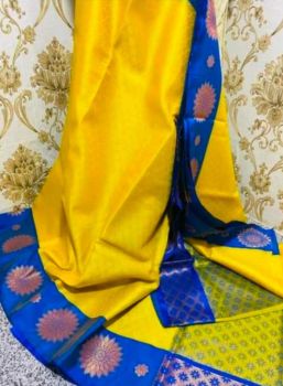 Yellow Green Banarasi Silk With Contrast Border Saree From Banaras