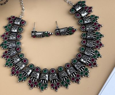 Silver Pure Oxidised Necklace With Multi Colour Stone Jewellery
