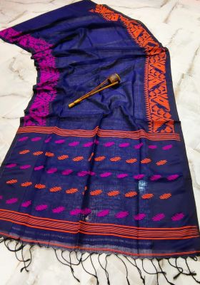 Midnight Blue Pure Handloom Linen By Linen Saree From Bengal