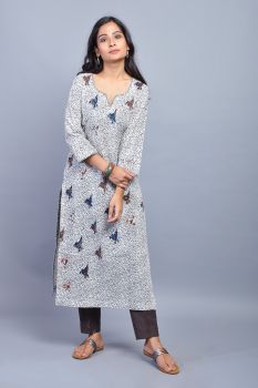 Black & White Printed Cotton Kurta with Patch Work