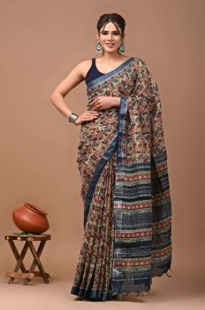 Grey Olive Pure Handloom Linen Cotton Saree From Bihar