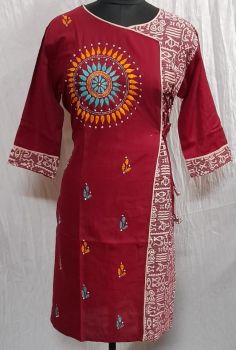Wine Red Pure Handloom Kantha Stitch Kurti From Bengal