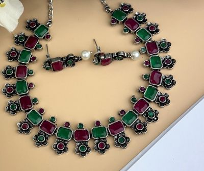 Silver Pure Oxidised Necklace With Multi Colour Stone Jewellery
