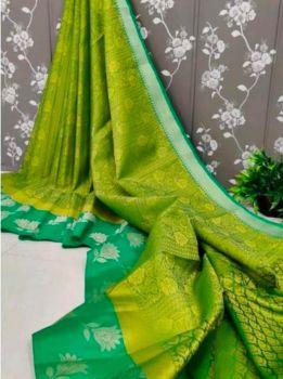 Mustard Green Banarasi Silk With Contrast Border Saree From Banaras