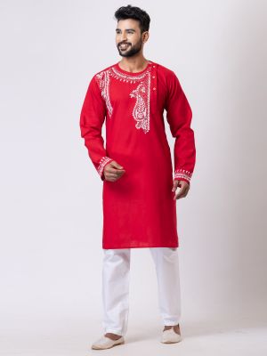 Red Handcrafted Pure Cotton Kurta For Men From Bengal