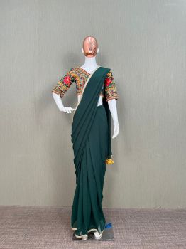 Dark Green Plain Body Sequence Embroidery Work Georgette Saree
