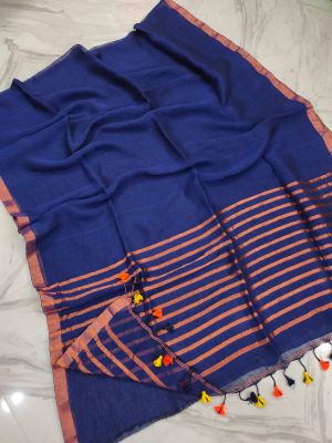 Navy Blue Pure Handloom Linen By Linen Saree From Bengal