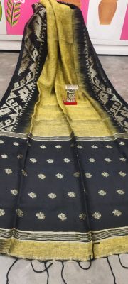 Golden Black Pure Handloom Linen By Linen Saree From Bengal